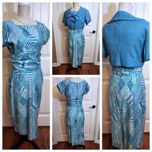 Vintage Colonial Miss Teal Geometric Dress and Jacket Set MCM 1950s 60s Size 12